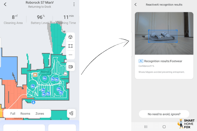 High objects detected as obstacles by Roborock S7 MaxV are marked on the home map.
